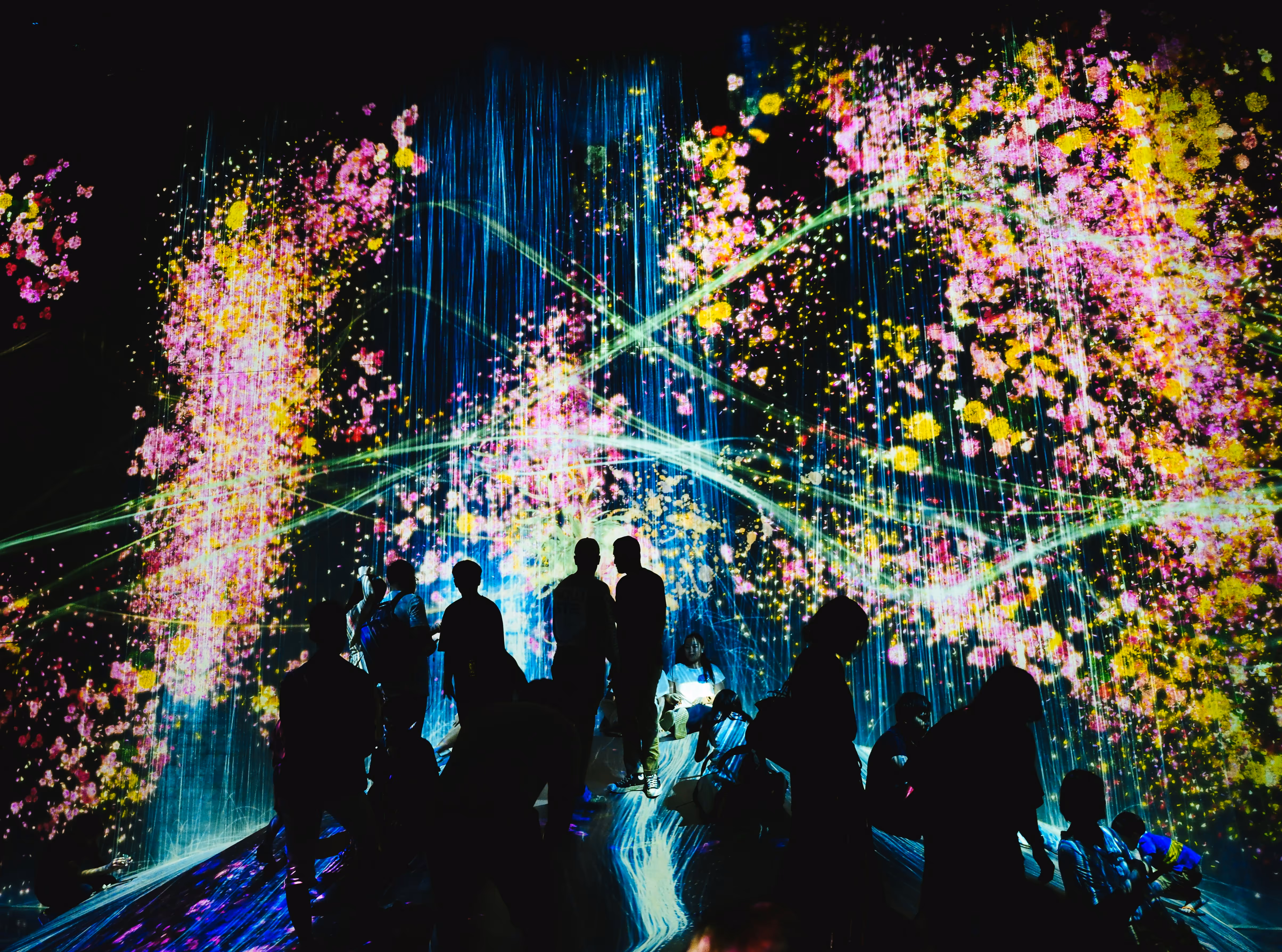 Silhouetted people in immersive digital art installation with colorful light streams