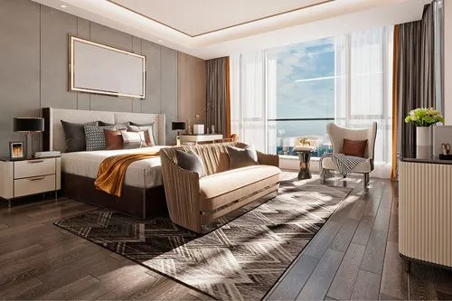 Luxurious hotel bedroom with modern design, large window, and city view