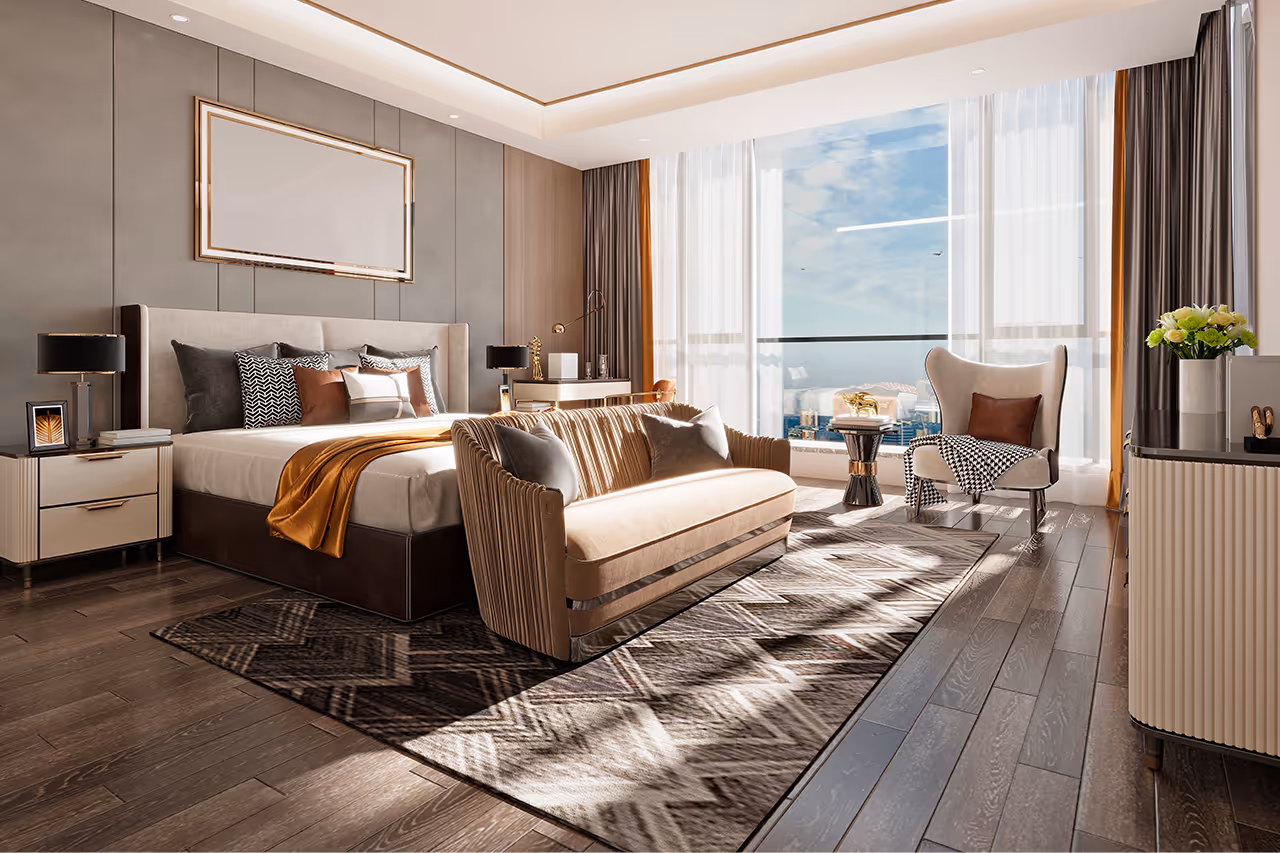 Luxurious hotel bedroom with modern design, large window, and city view