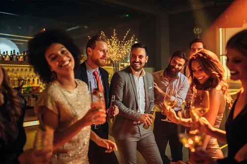 Festive group of colleagues enjoying drinks at a glittering bar