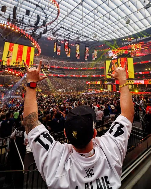 WWE fan raises hands in packed stadium during exciting wrestling event
