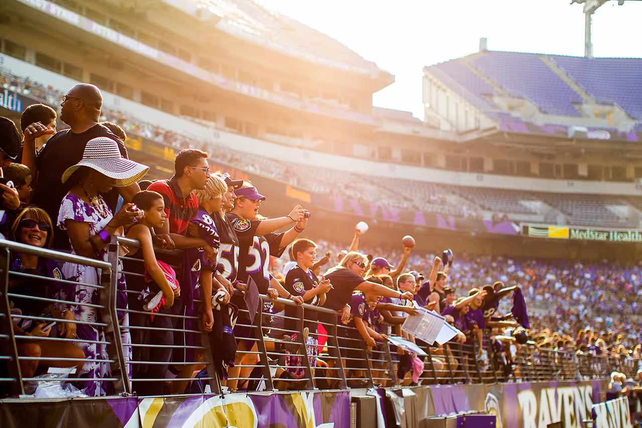 Ravens fans cheering in stadium, sunlight illuminating packed stands