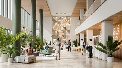 Modern, bright lobby with green columns, plants, and elegant spherical chandeliers