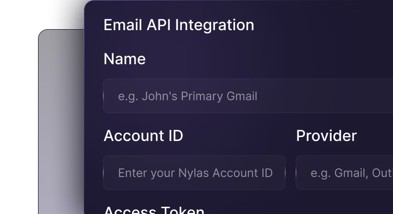Email API Integration form with fields for Name, Account ID, and Provider on a dark background.