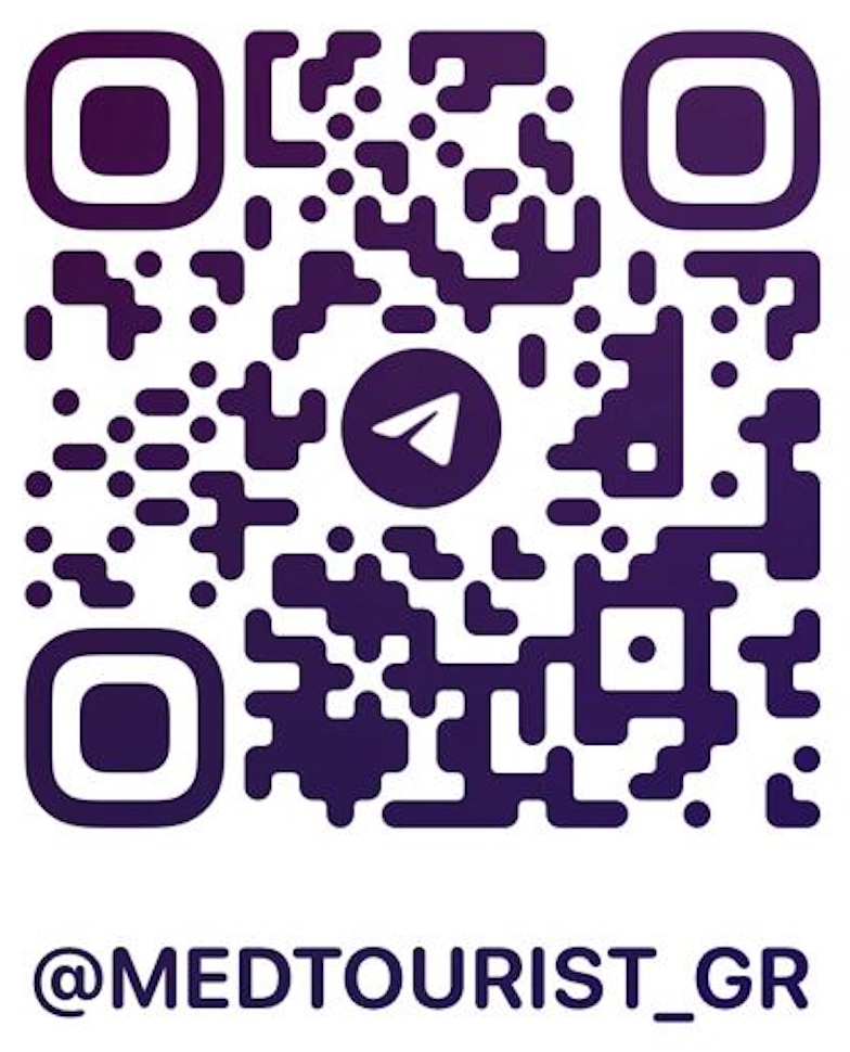 QR code with a Telegram logo in the center and the handle @MEDTOURIST_GR below it.