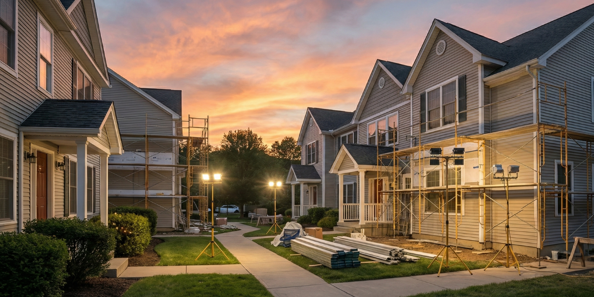 Siding project with evening construction lighting