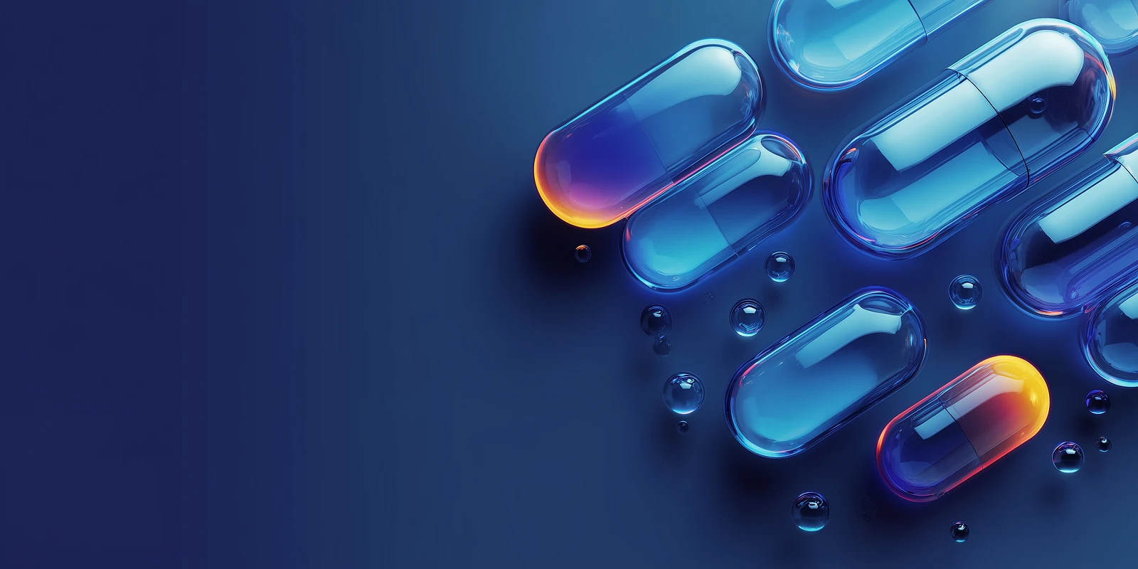 Several transparent blue medication capsules with orange glowing ends and small transparent droplets on a dark blue background.