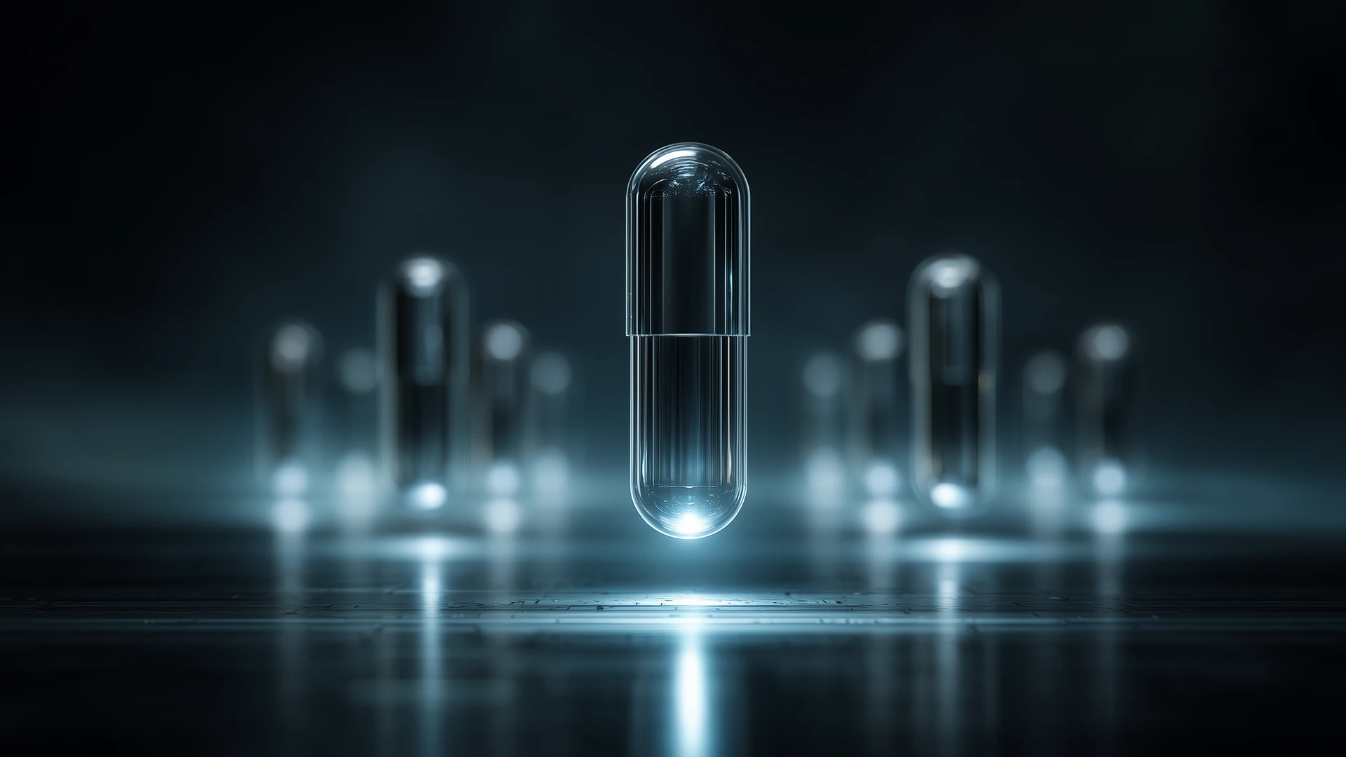 Glowing transparent medication capsules floating above a reflective surface in a dark, futuristic setting.