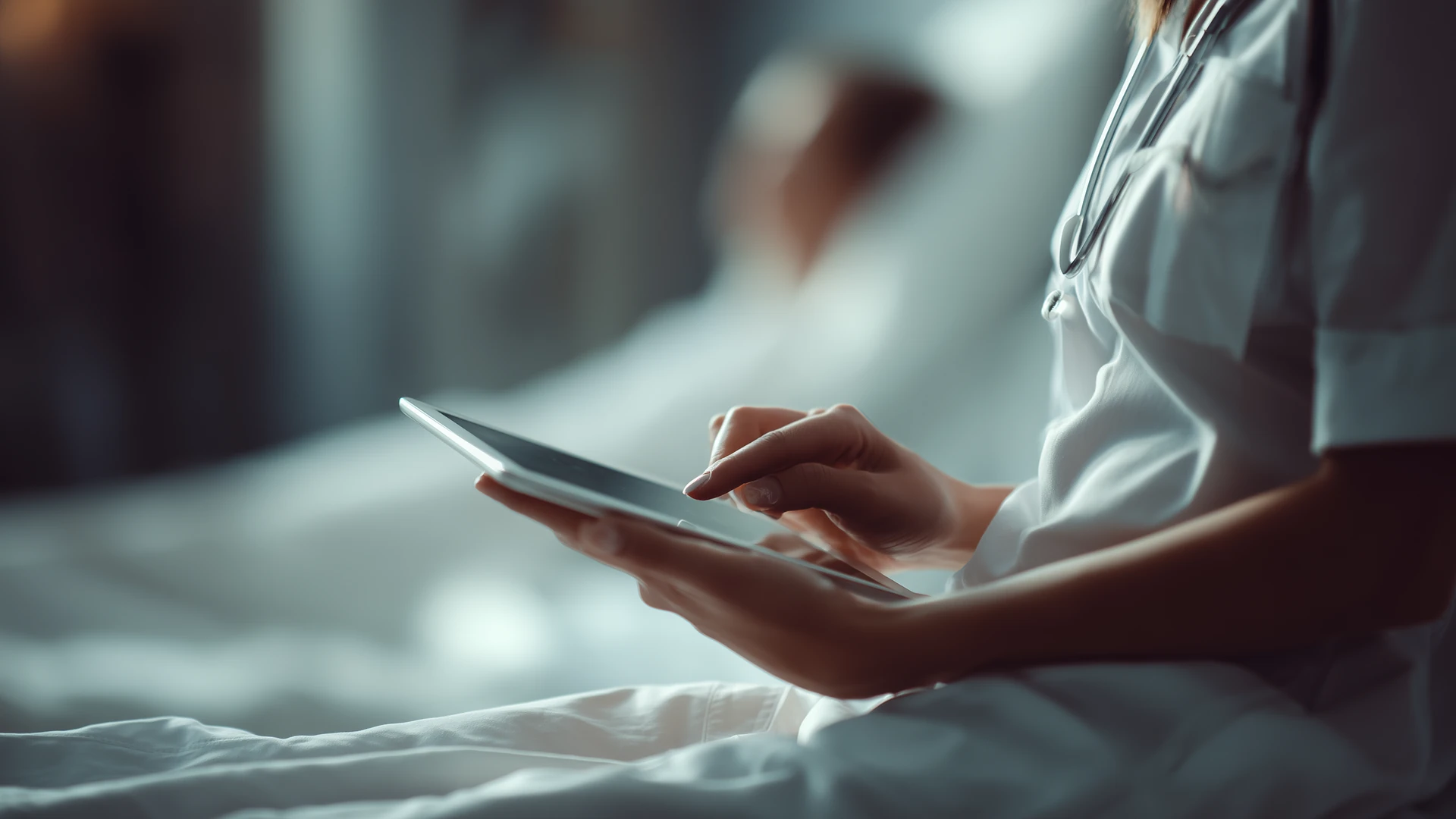 Healthcare professional using a tablet while sitting on a hospital bed with a patient in the background.