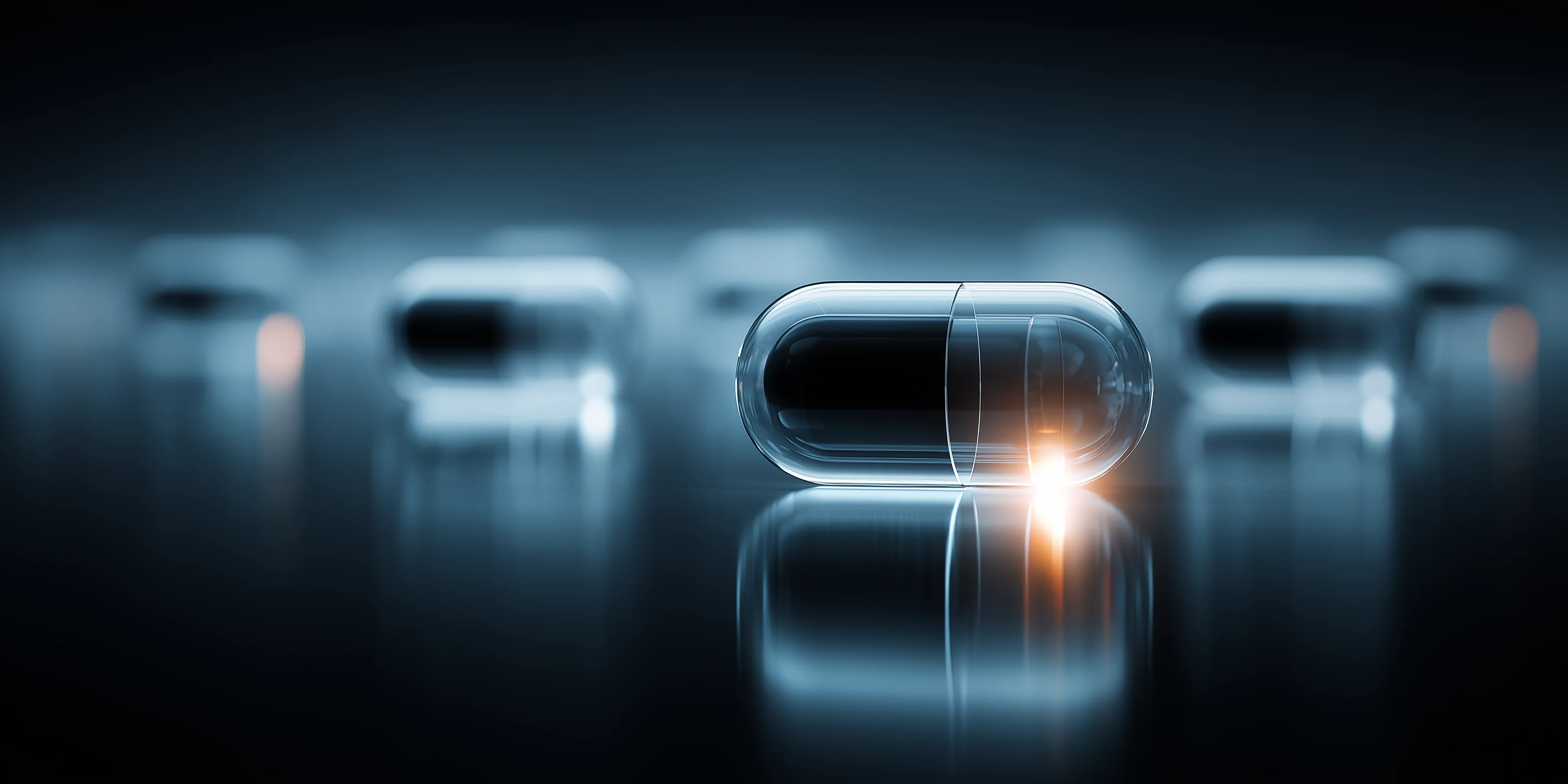 Transparent medication capsules with dark contents arranged on a reflective surface under cool blue lighting, one capsule glowing softly.