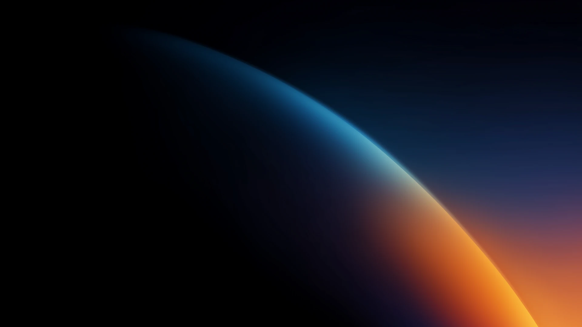 View of a planet’s curved horizon in space with a gradient glow from blue to orange on the edge.