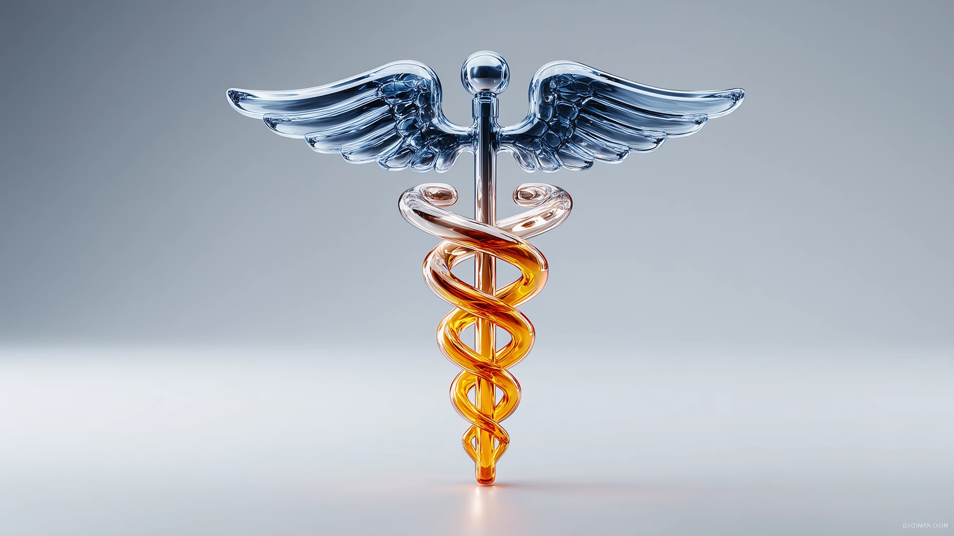 3D glossy caduceus symbol with blue wings and amber intertwined serpents on a gray background.