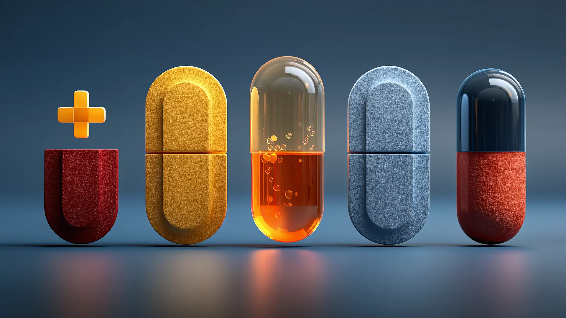 Five stylized capsules and pills in various colors and textures arranged on a reflective surface against a blue background.