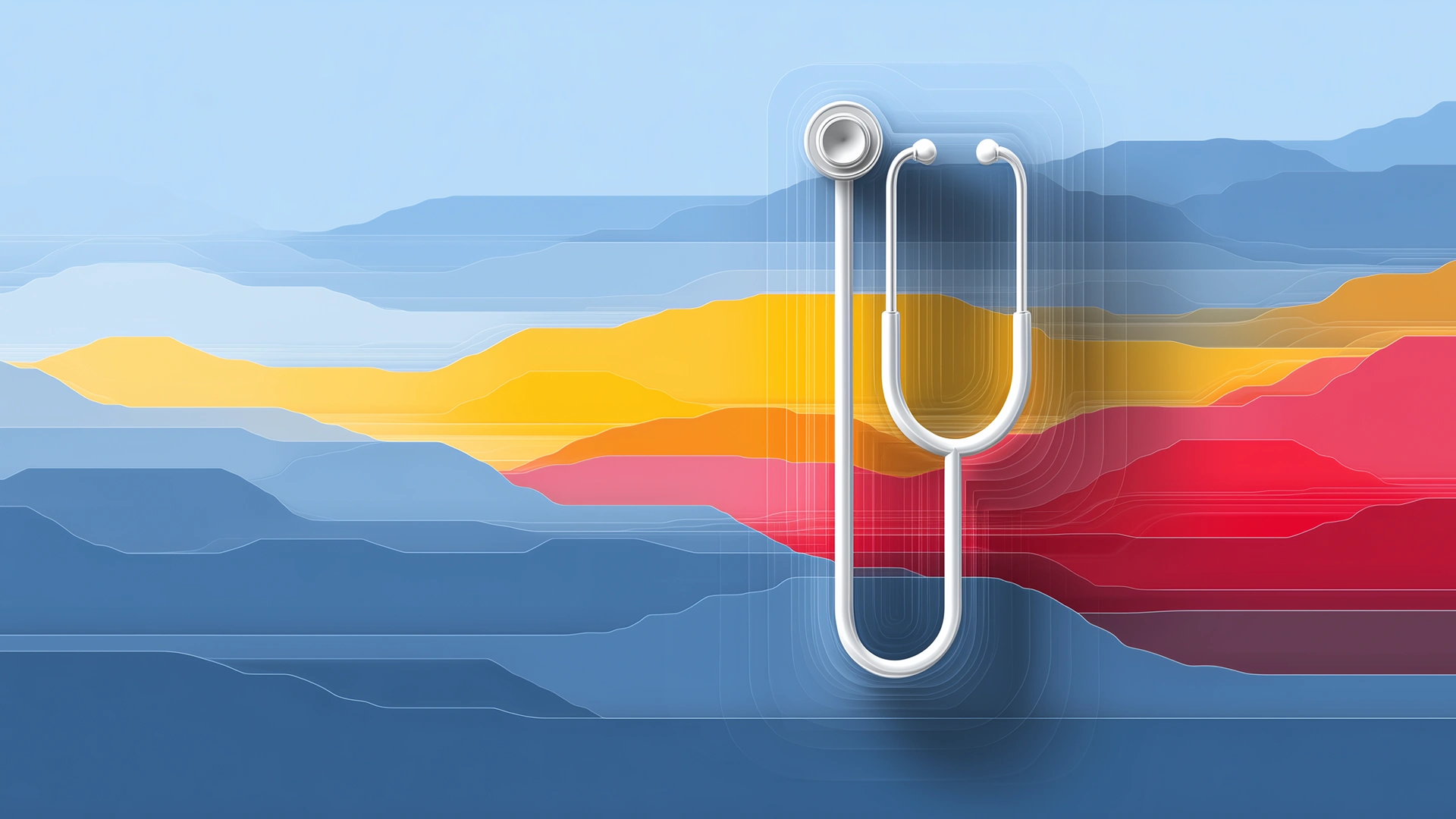 White stethoscope over layered abstract landscape shapes in blue, yellow, orange, and red tones.