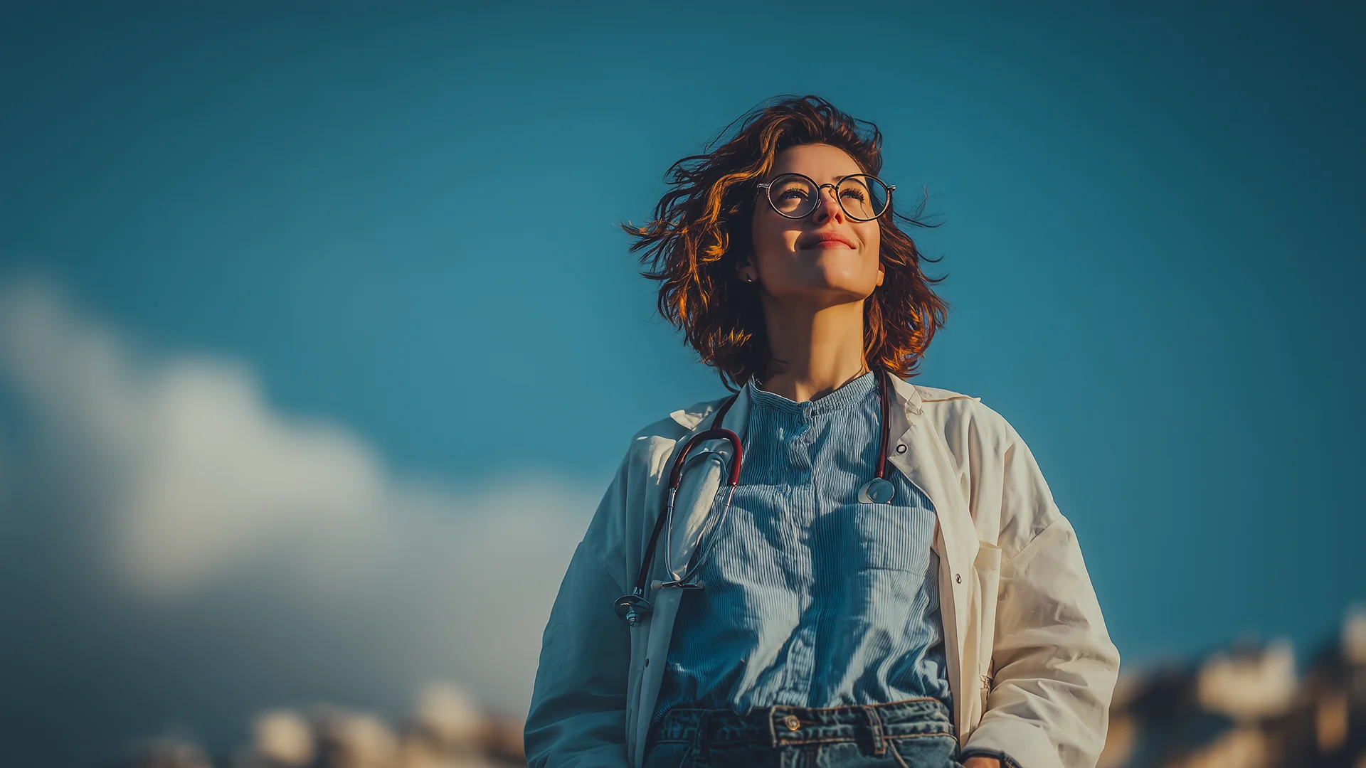Young female doctor wearing glasses and a stethoscope, looking confidently into the distance against a clear blue sky.