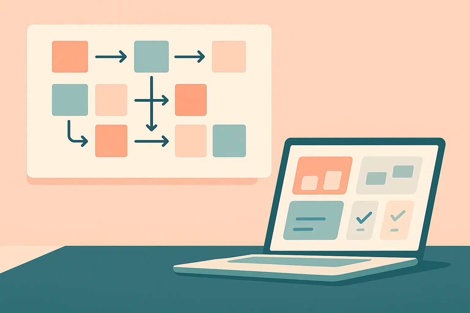 Strategy board with sticky notes and laptop KPI tiles, flat illustration.