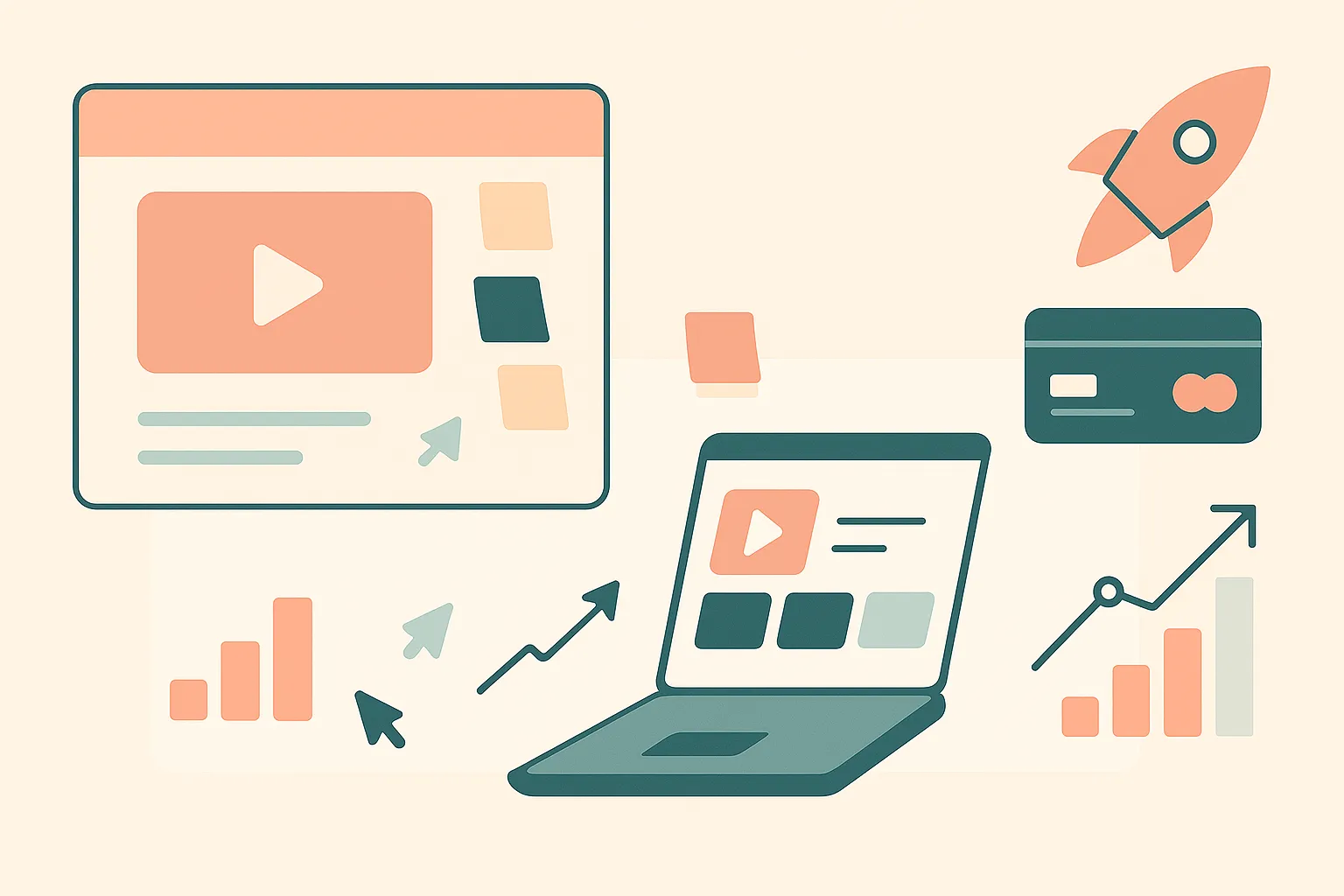 Ad cards, charts, rocket and credit card icons in a flat illustration.