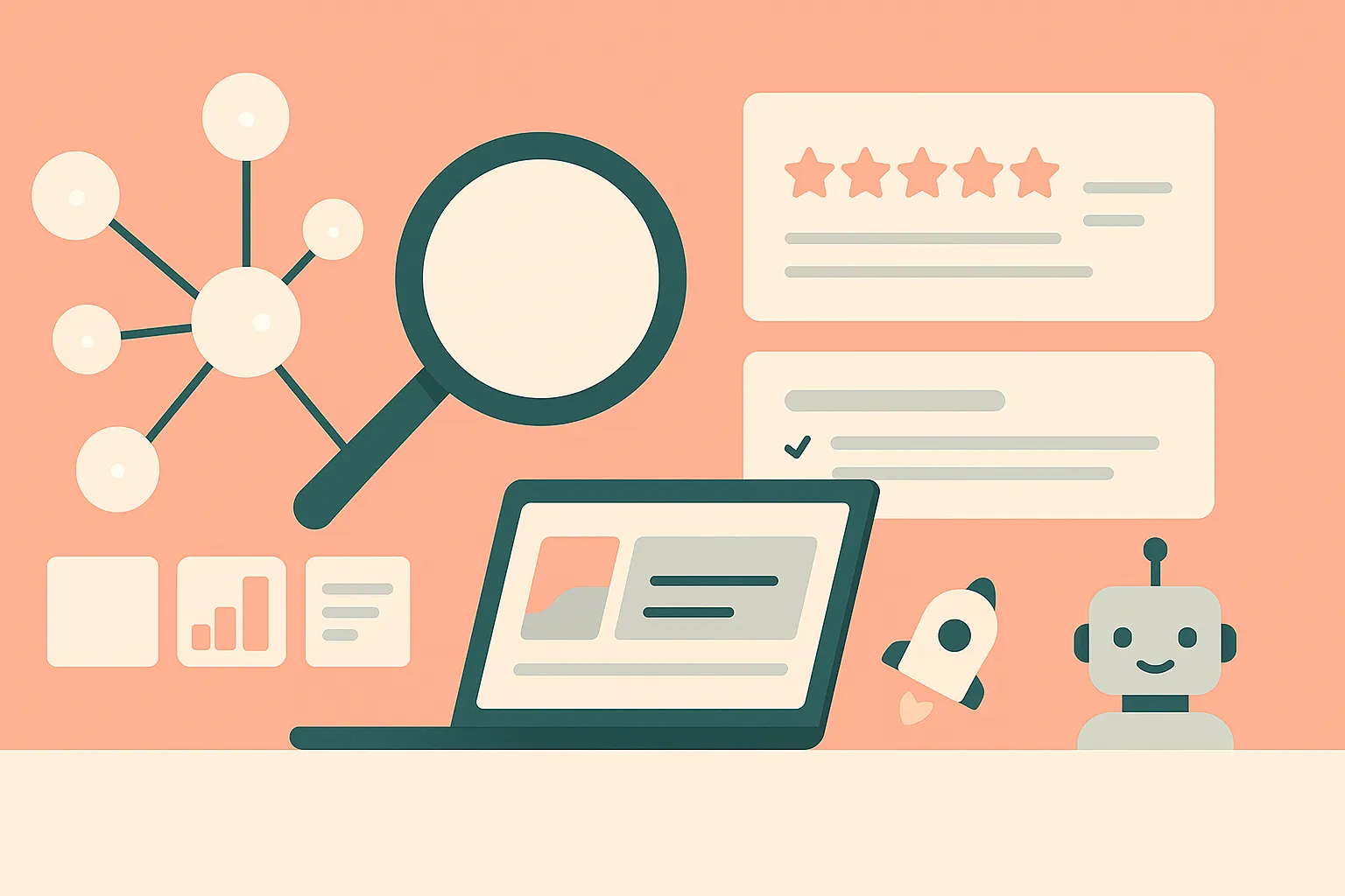 Topic map with magnifying glass, robot icon, and search result cards.