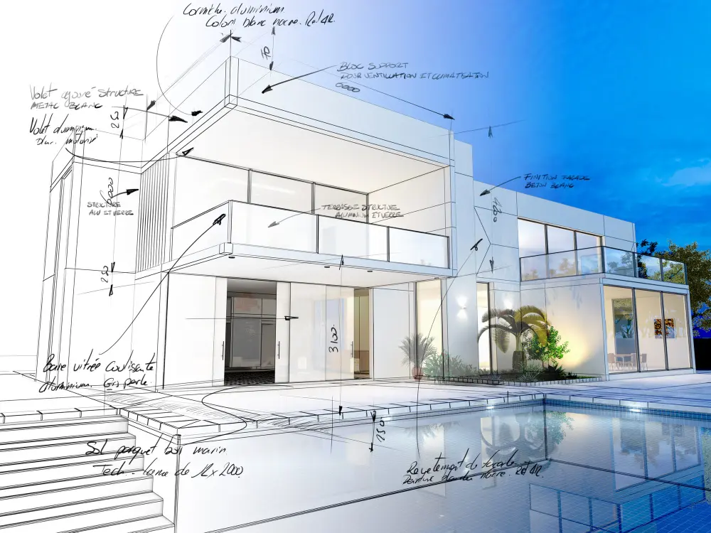 A modern house design sketch blends with a real image, showcasing architecture and exterior pool.