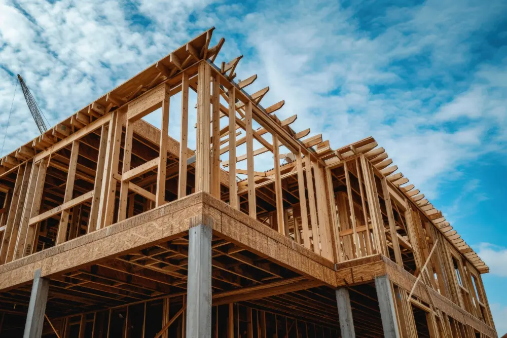 Wooden frame structure of a building under construction against a partly cloudy sky.