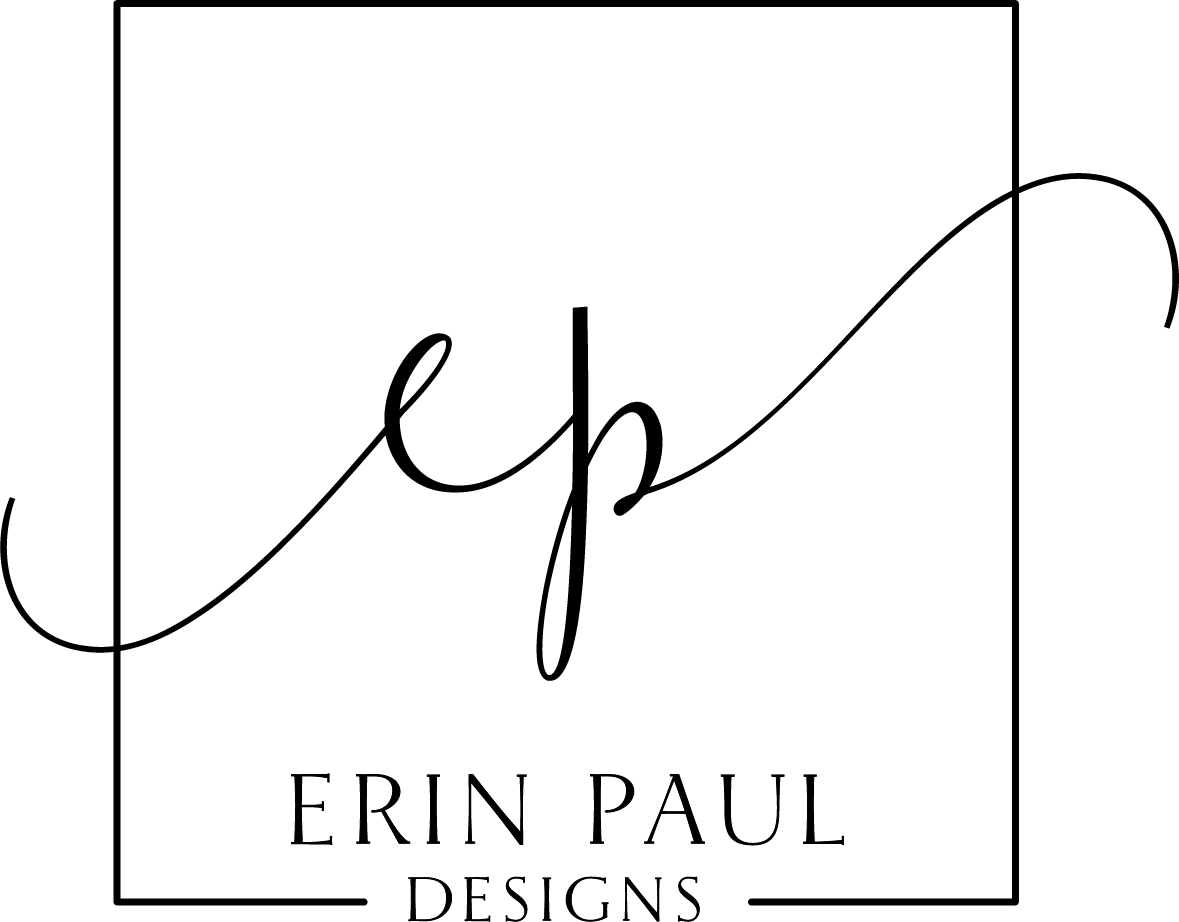 Logo with stylized cursive initials 'ep' inside a square frame and text 'ERIN PAUL DESIGNS' below.