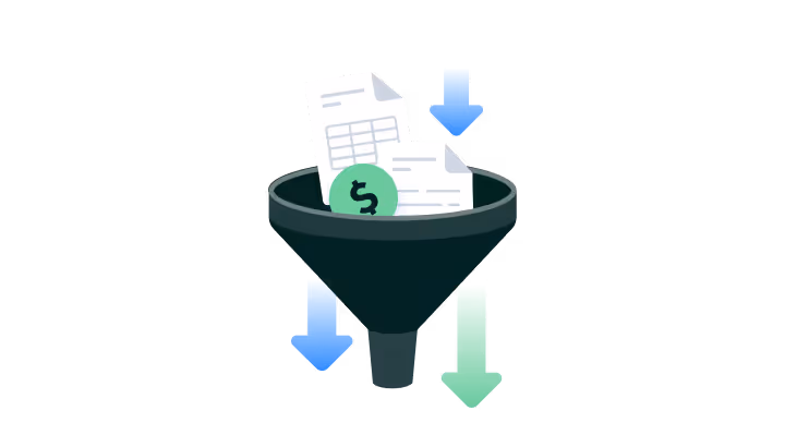 Illustration of a funnel with documents and a dollar sign inside, with blue and green downward arrows indicating filtering or processing.