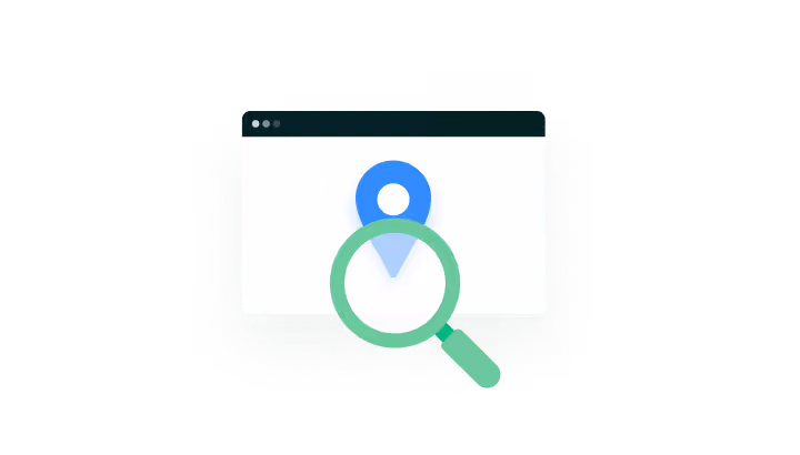 Browser window with location pin icon behind a magnifying glass symbolizing map search or location lookup.