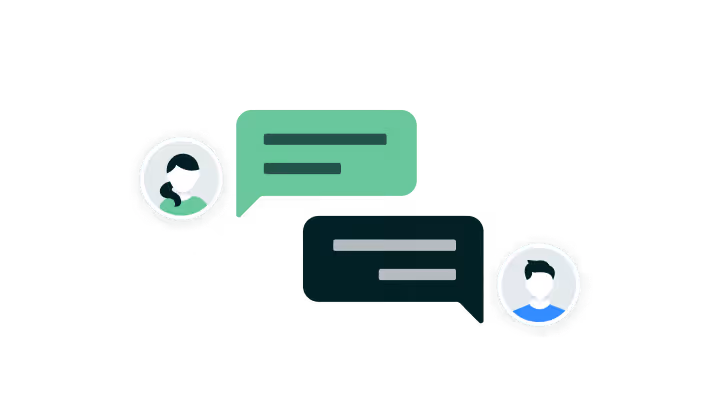 Illustration of a green chat bubble from a female user icon and a dark chat bubble from a male user icon, symbolizing a conversation.