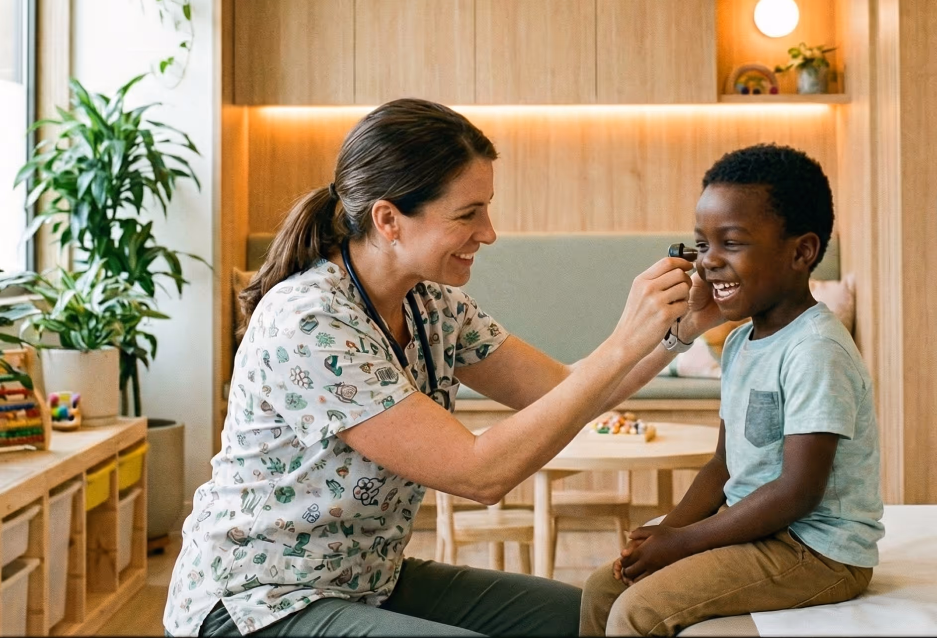 Female pediatrician smiling while examining young boy's ear in a child-friendly clinic room with toys and plants.
