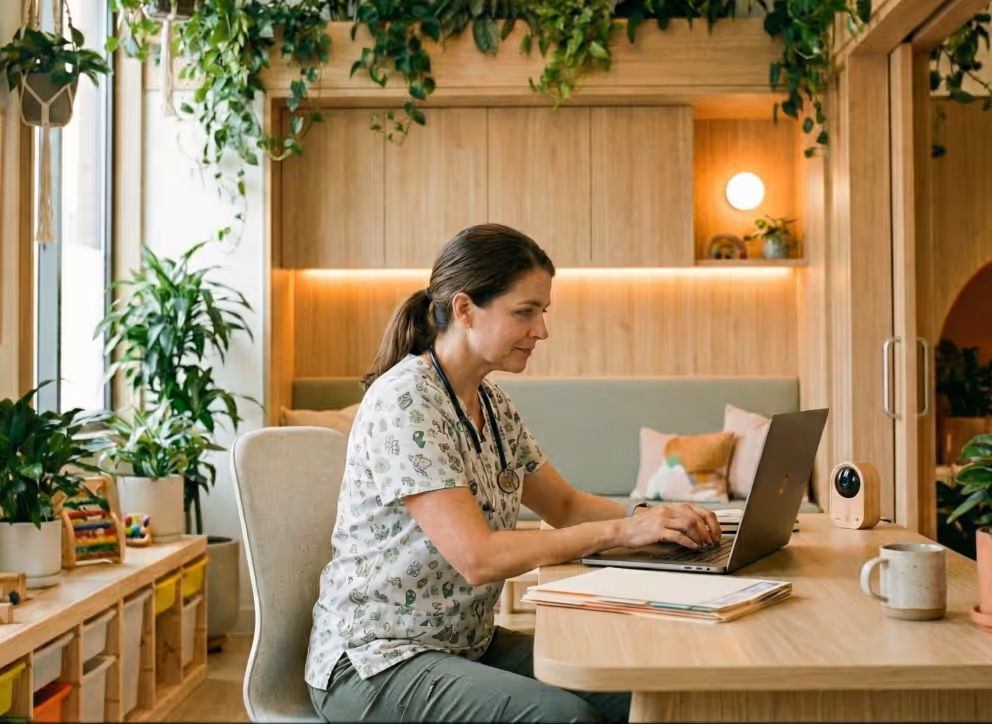 Female pediatrician in scrubs typing on a laptop at a wooden desk in a cozy clinic room with plants and soft lighting.
