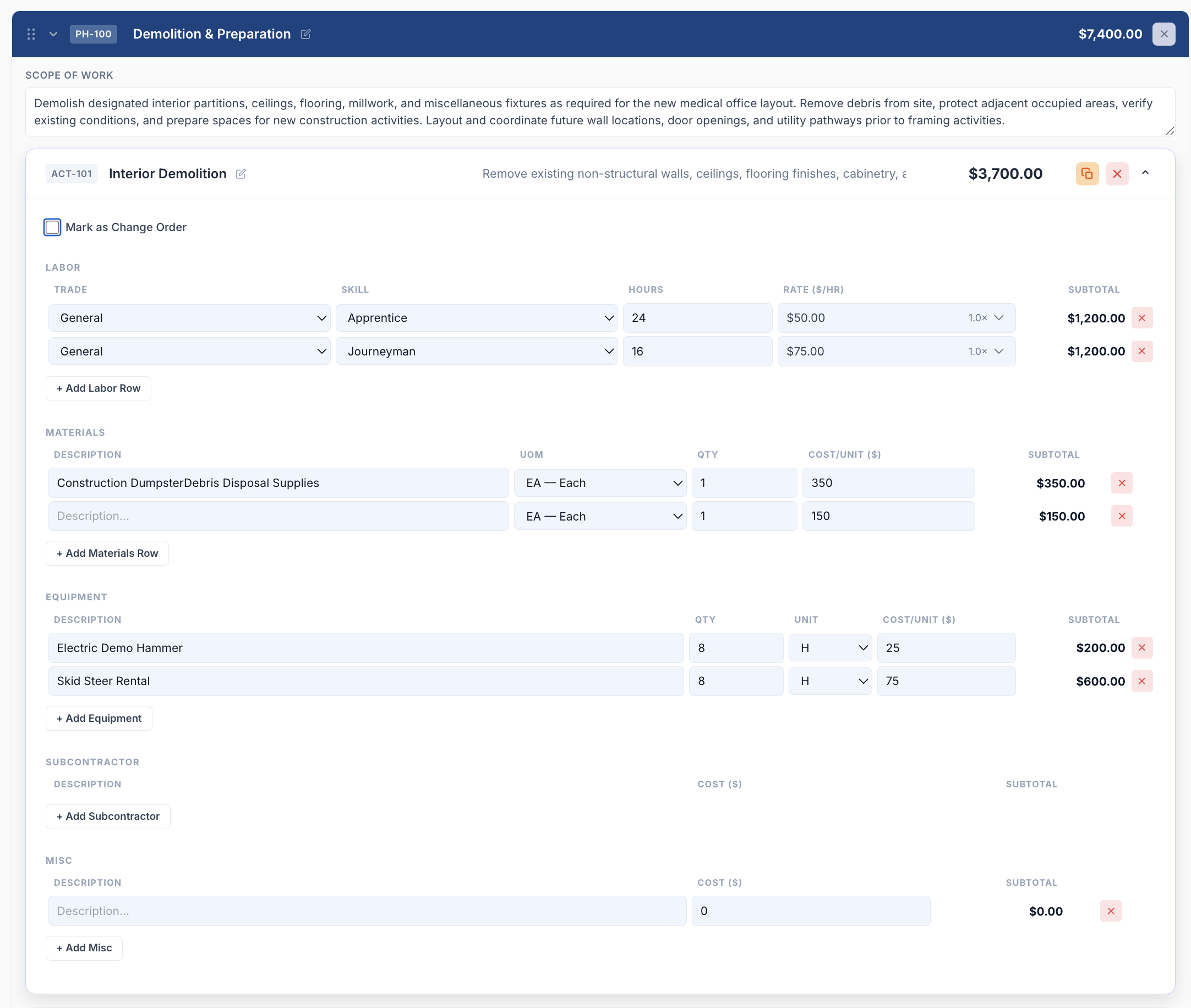 Project phases overview in the Proquotely detailed estimator