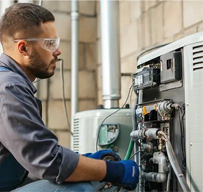 Technician in safety glasses repairing industrial electrical equipment