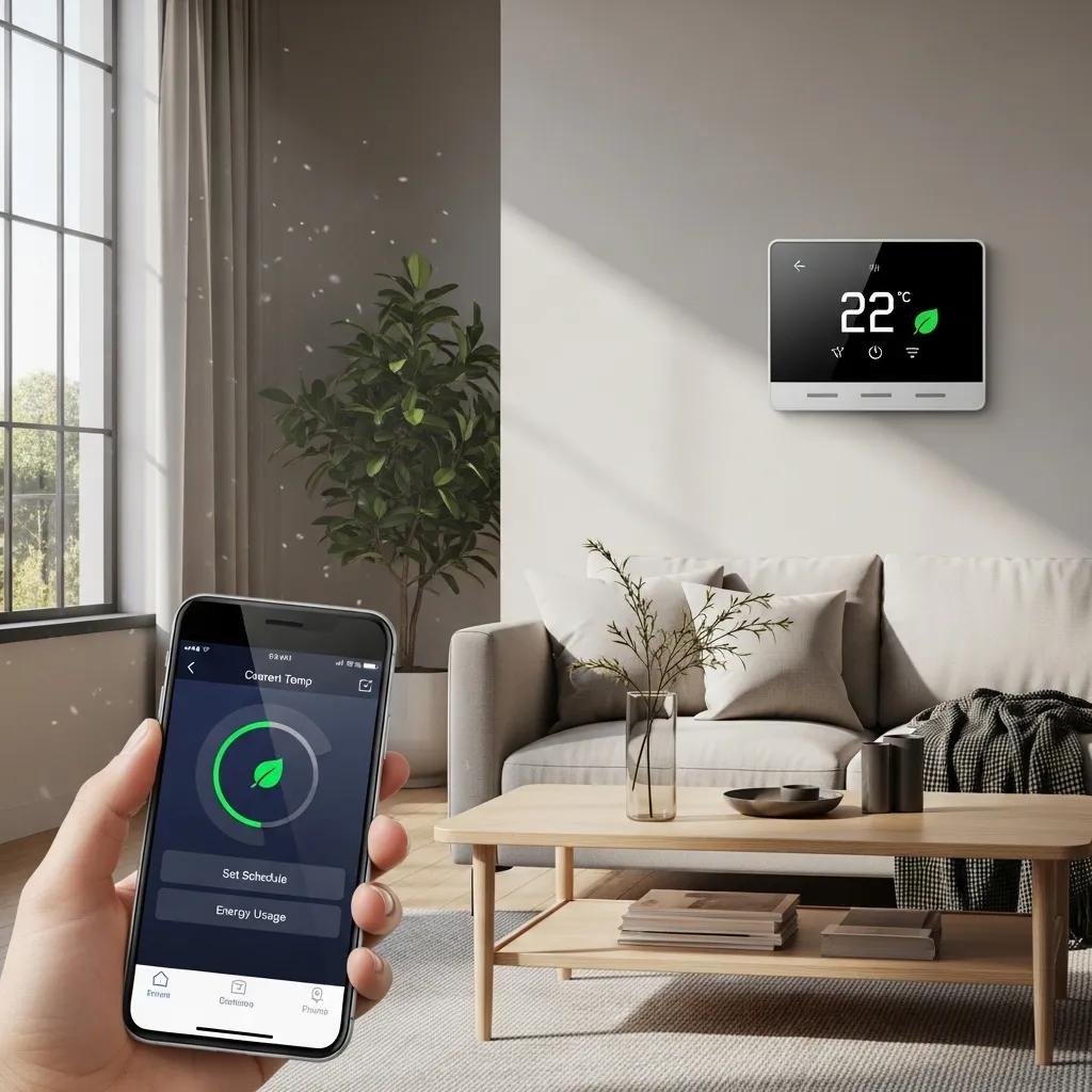 Smart thermostat in a living room showing energy-saving scheduling and remote control features