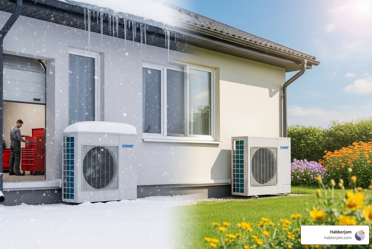 infographic showing how a heat pump transfers heat between indoor and outdoor units in both heating and cooling modes, with refrigerant cycle details and seasonal operation explained - heat pump installation in st. albert, ab