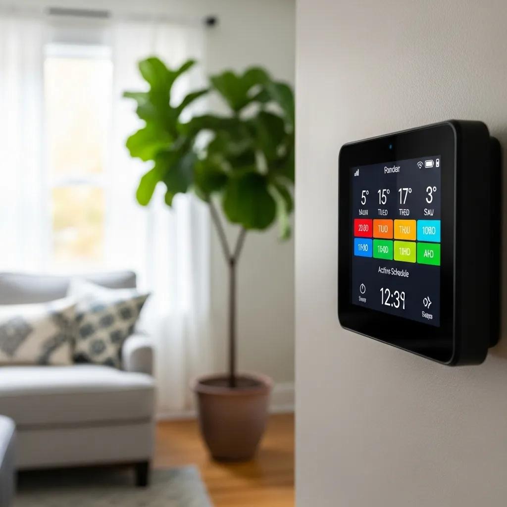Smart thermostat showing scheduling and energy features