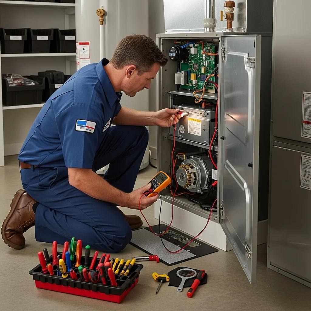 Furnace technician performing maintenance to improve heating efficiency