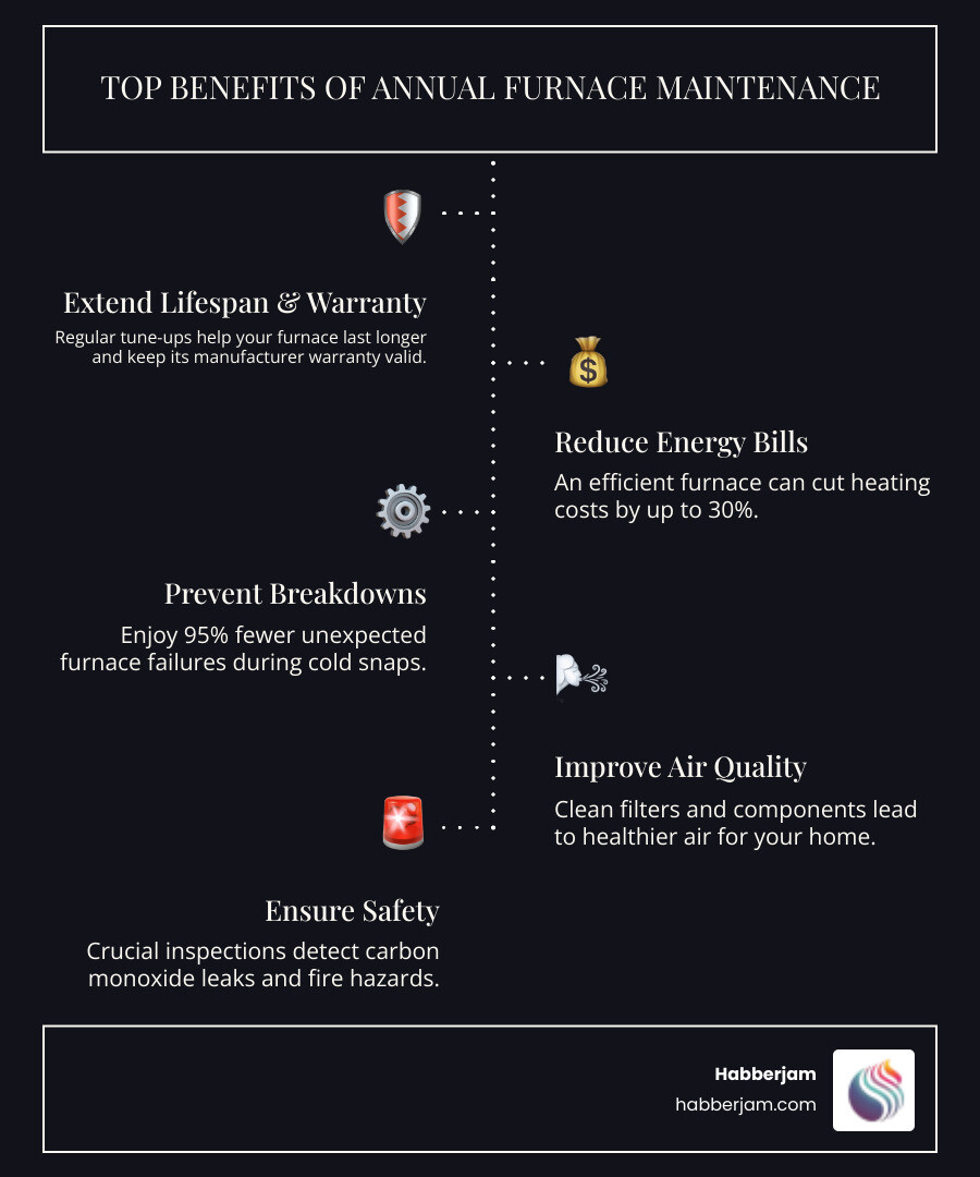 Infographic showing the top benefits of annual furnace maintenance including extended equipment lifespan, reduced energy bills up to 30 percent, 95 percent fewer emergency breakdowns, improved indoor air quality, maintained manufacturer warranty, and enhanced safety through carbon monoxide inspection - furnace service company in sherwood park, ab infographic infographic-line-5-steps-dark Infographic showing the top benefits of annual furnace maintenance including extended equipment lifespan, reduced energy bills up to 30 percent, 95 percent fewer emergency breakdowns, improved indoor air quality, maintained manufacturer warranty, and enhanced safety through carbon monoxide inspection - furnace service company in sherwood park, ab infographic infographic-line-5-steps-dark