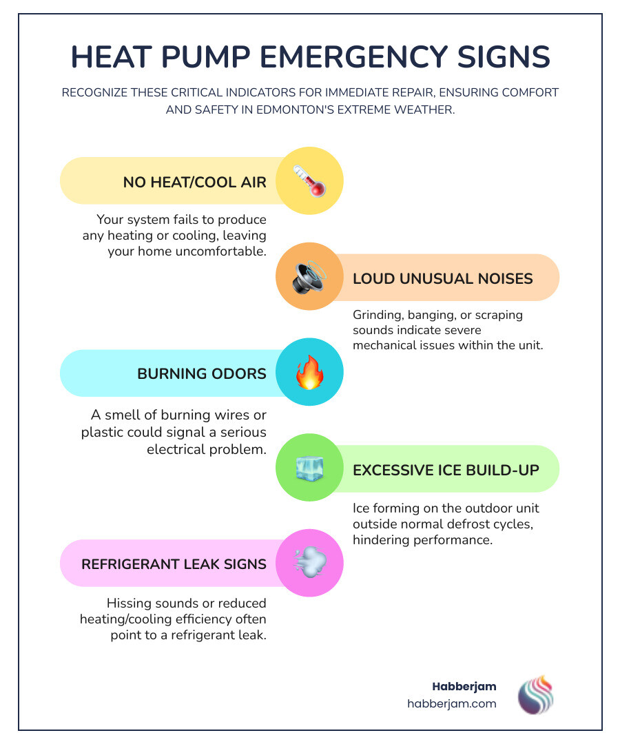 Infographic showing critical heat pump emergency warning signs including no heat production, loud unusual noises like grinding or banging, burning odors, complete system shutdown, ice formation on outdoor unit outside defrost cycles, weak or no airflow from vents, frequent system cycling, and refrigerant leak indicators with recommended immediate actions for Edmonton homeowners - heat pump repair 24 hour in edmonton, ab infographic infographic-line-5-steps-colors
