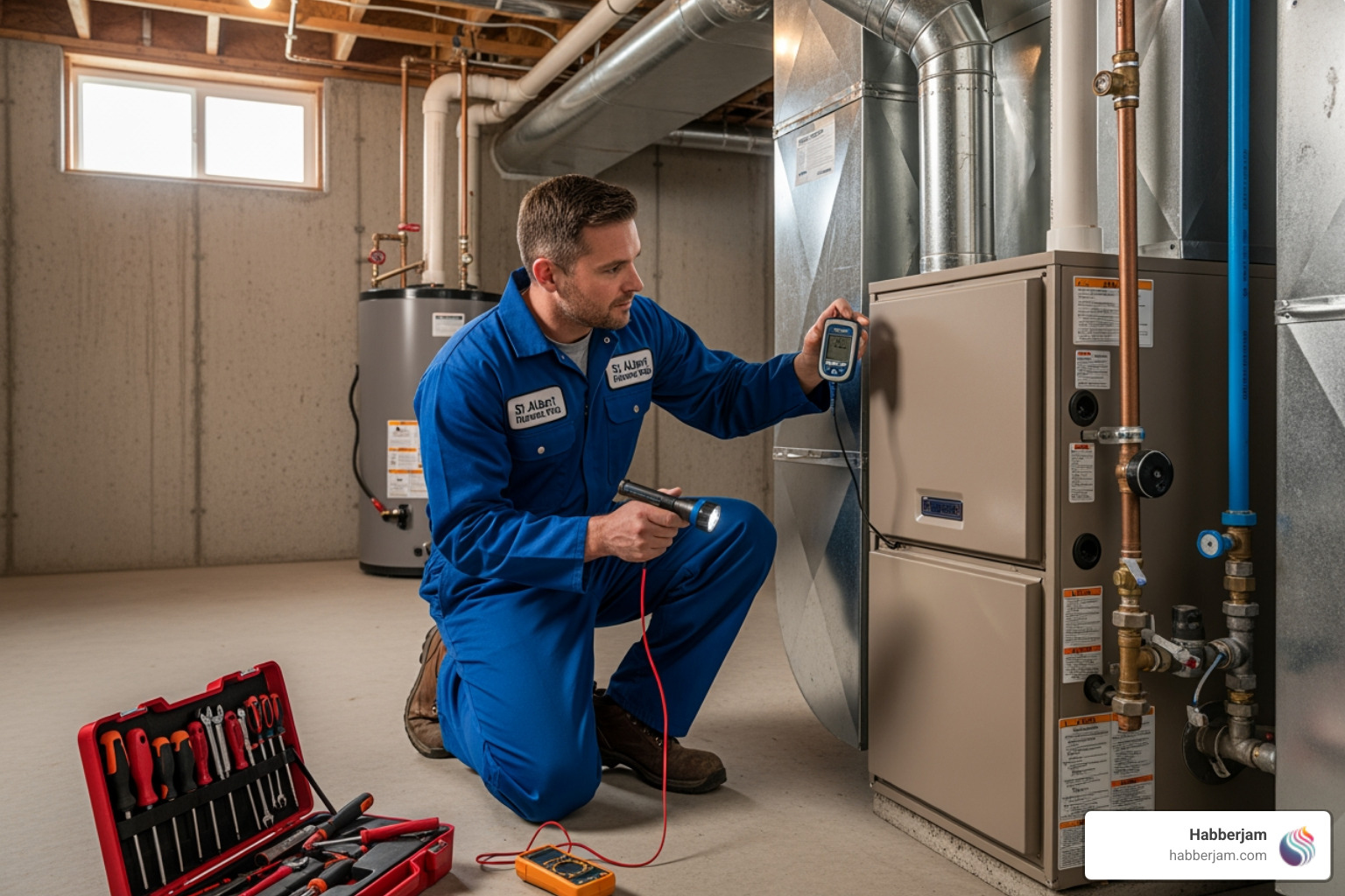 Infographic showing five key warning signs your furnace needs professional service: unusual noises like rattling or squealing, uneven heating throughout your home, rising utility bills without explanation, frequent on-off cycling, and visible signs like rust or cracks - furnace service in st. albert, ab