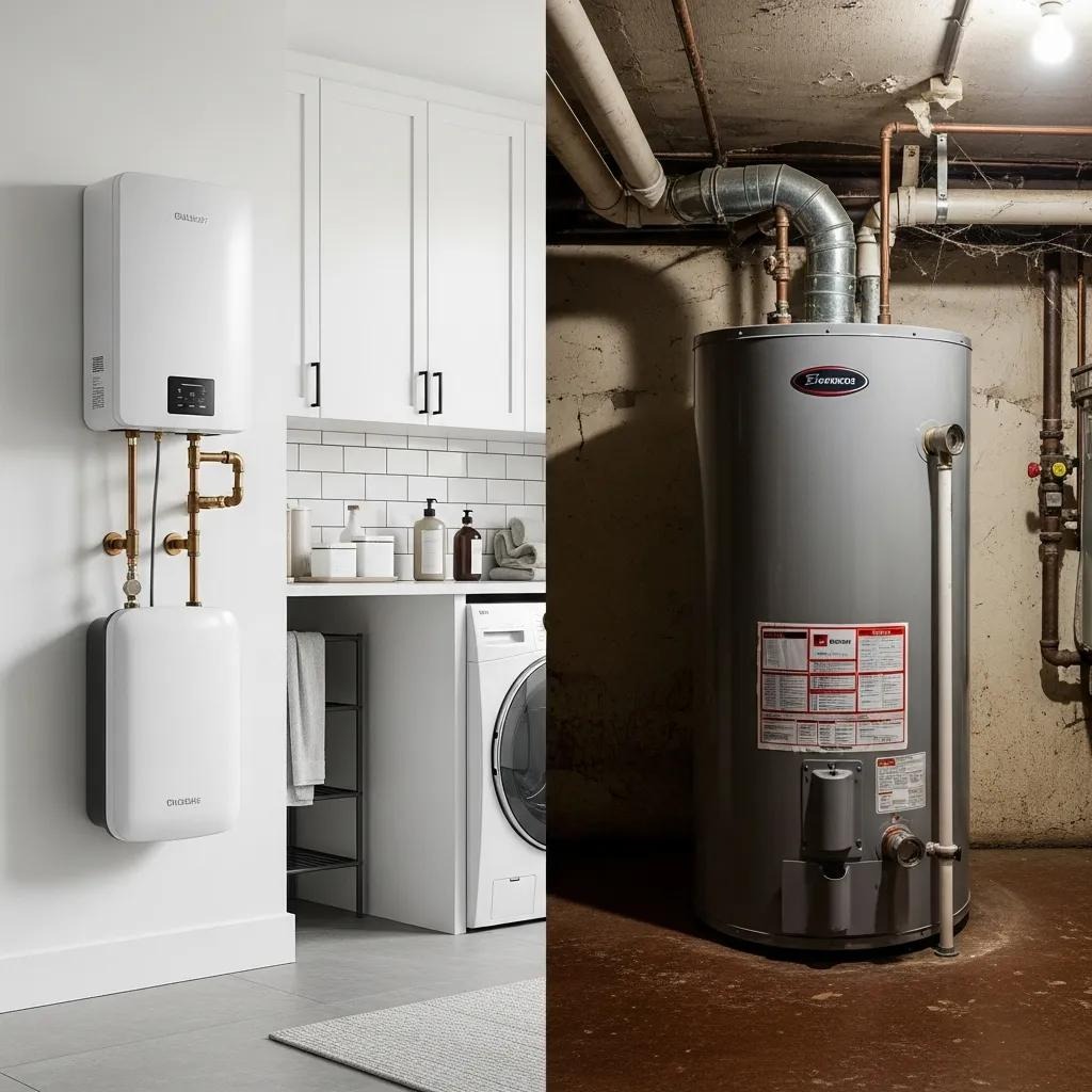Comparison of tankless water heater and traditional storage heater, showcasing energy efficiency and design differences