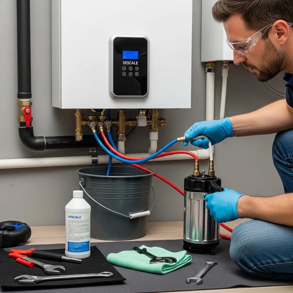 Technician performing maintenance on a tankless water heater, emphasizing the importance of regular upkeep for efficiency