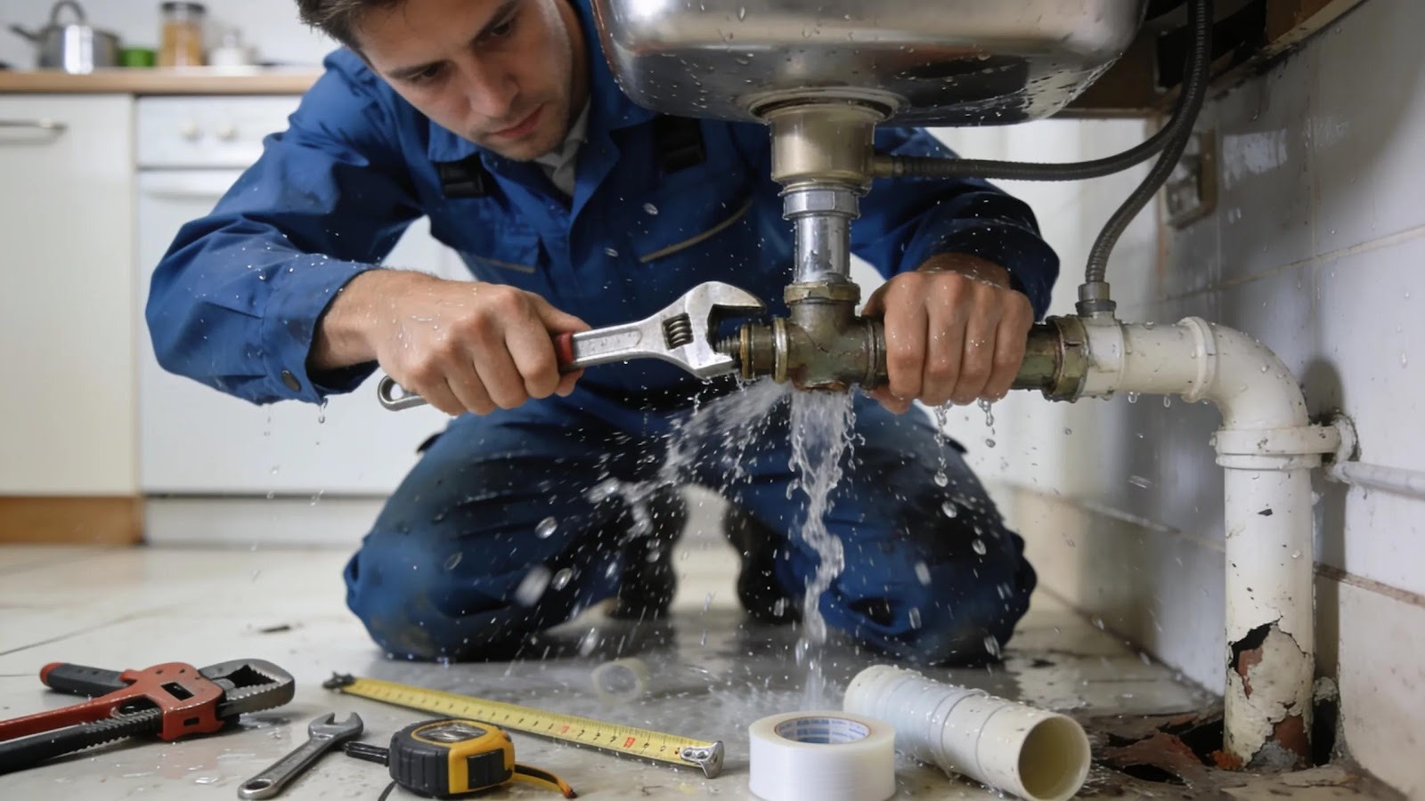 Plumber addressing a water leak emergency with tools and repair materials in a residence
