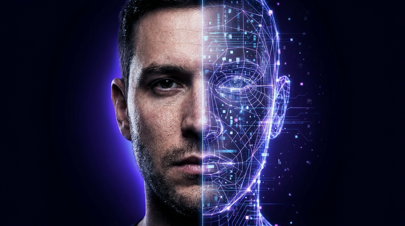 A human face split vertically, one half real and one half dissolving into a glowing digital wireframe, illustrating a deepfake