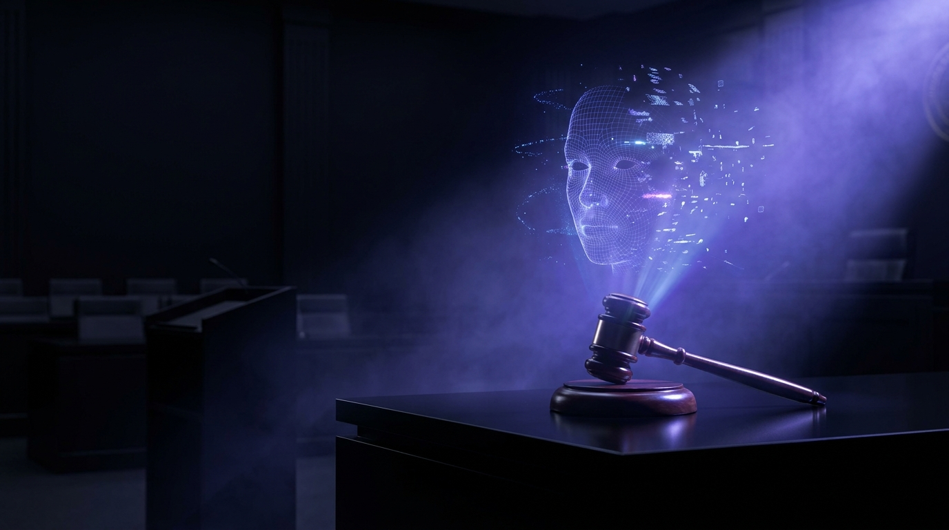 A judge's gavel lit by violet and blue light with holographic facial-recognition particles, symbolizing deepfake lawsuits and digital likeness law
