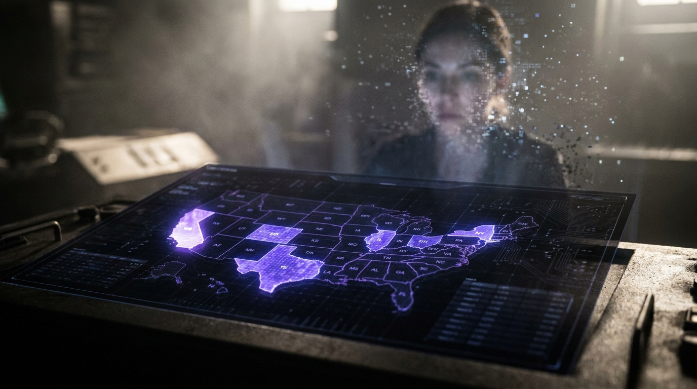 Glowing holographic map of the United States with some states lit and others dark, representing the patchwork of state deepfake laws in 2026