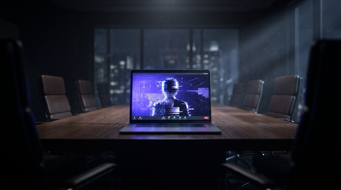 A laptop on a dark boardroom table showing a glitching, pixelated deepfake executive on a video call