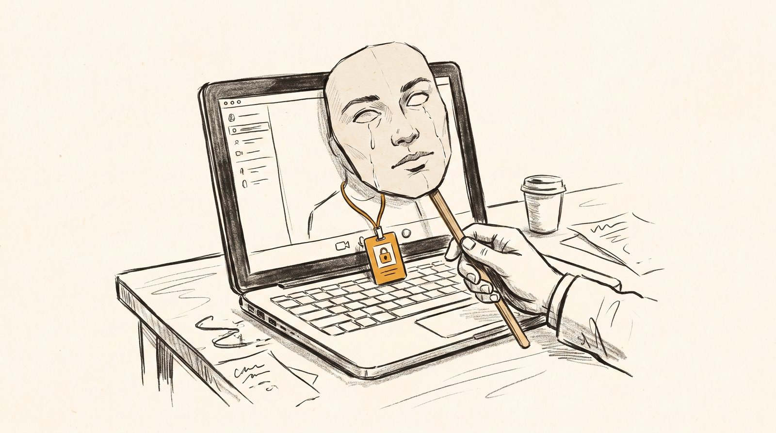 Ink drawing of a laptop during a video job interview where the applicant's face is a paper cutout mask on a stick, with a single amber ID badge on a lanyard.
