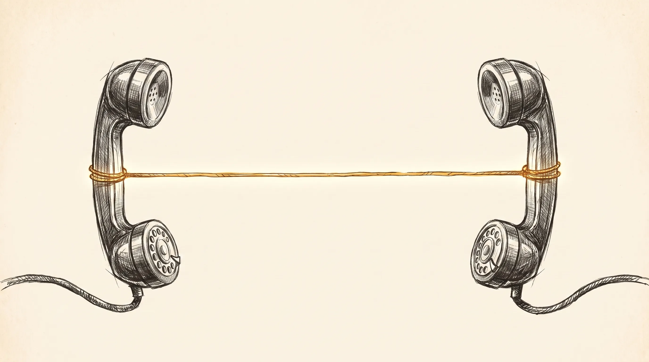 Charcoal ink illustration of two telephone handsets facing each other with one glowing amber word passing between them like a password.