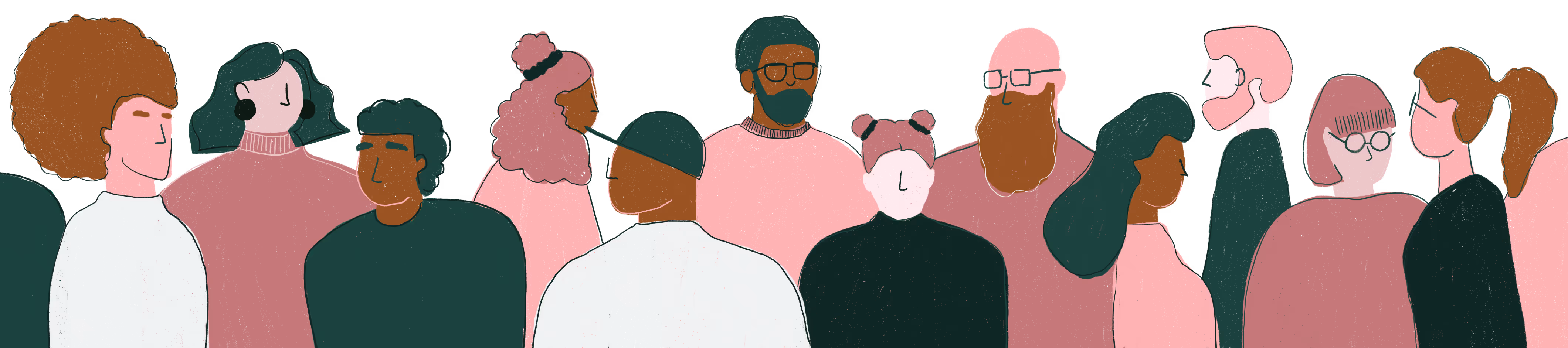 A group of illustrated people facing all different directions, dressed in pinks and greens.