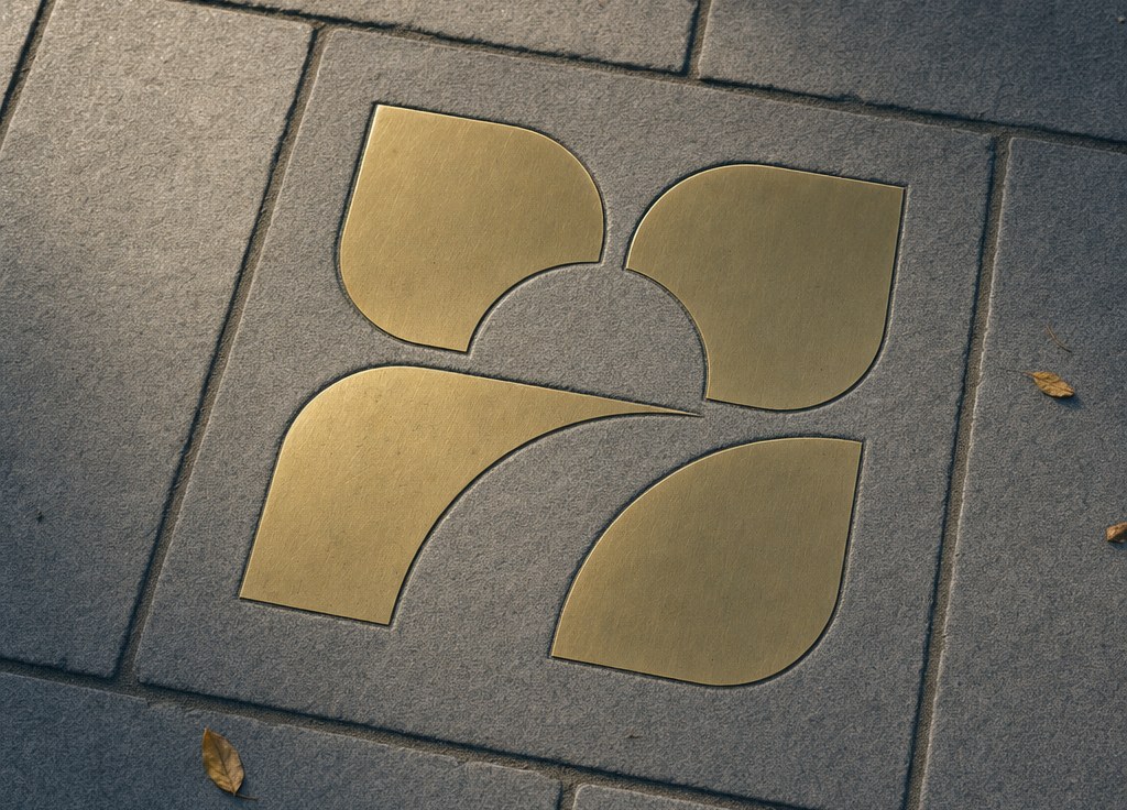 The Clayfield Commons Pathway logomark set into paving
